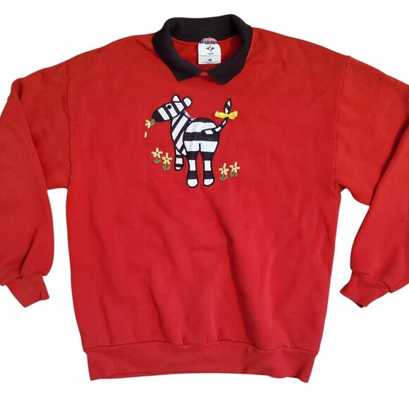 Vintage 80s Cute Zevra Embroidered Red Crew Neck Sweatshirt Dopamine Kitschy - Picture 1 of 8